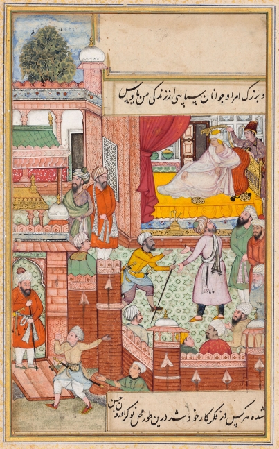 Babur receives an envoy from Uzun Hasan when lying sick in 1497, folio from the first Baburnama, Imperial Mughal, 1589-90