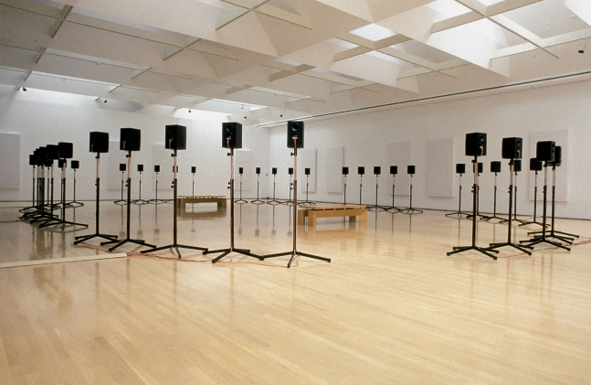 Janet Cardiff
The Forty Part Motet (A reworking of &amp;quot;Spem in Alium&amp;quot; by Thomas Tallis 1556), 2001
40 loud speakers mounted on stands, placed in an oval, amplifiers, playback computer
Duration: 14 minute loop with 11 minutes&amp;nbsp;of music and 3 minutes&amp;nbsp;of intermission
Dimensions variable
Installation view at&amp;nbsp;Mus&amp;eacute;e d&amp;#39;Art Contemporain, Montreal, 2002