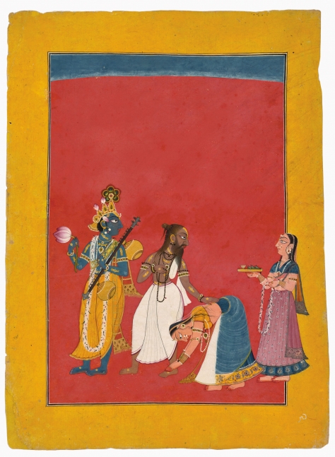 Krishna&rsquo;s wives honour the sage Narada and Krishna carries his vina for him on his arrival in Dwarka, c. 1720