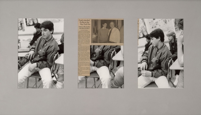 Larry Clark
Untitled, 1989
3 black and white photographs and newspaper
21 x 36 7/8 inches
(53.34 x 93.66 cm)