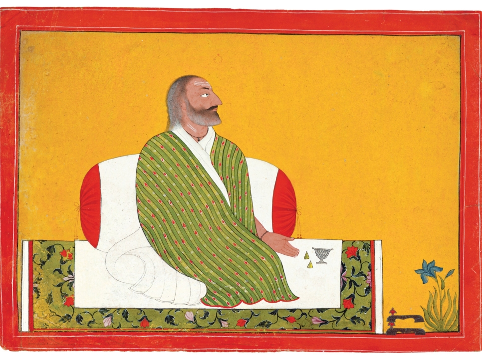 Indian miniature painting of a man sitting on an embroidered blanket against a yellow background