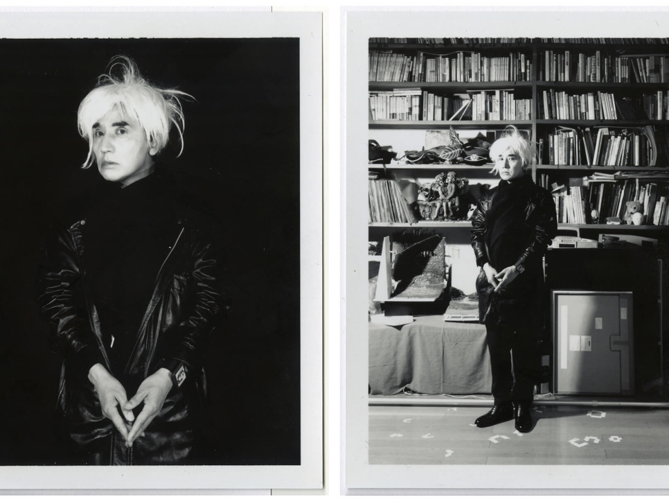 2 black and white photos of an artist dressed like Andy Warhol