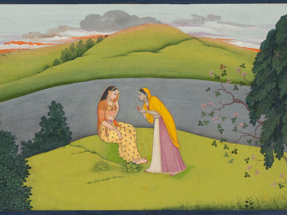 Indian miniature painting of 2 women in a landscape