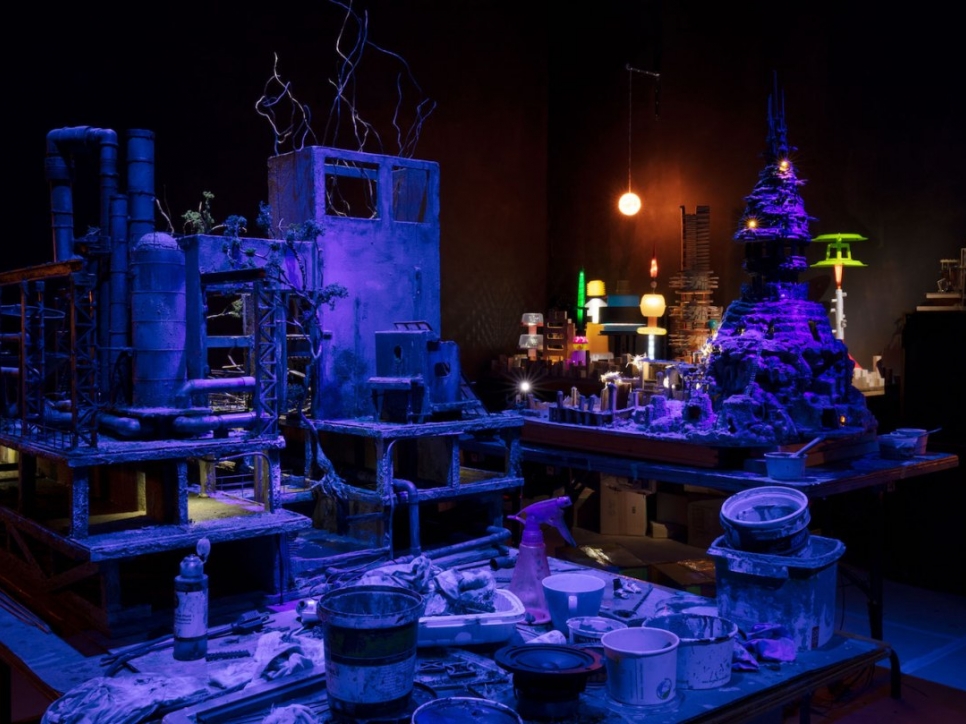 Dark room with miniature building models