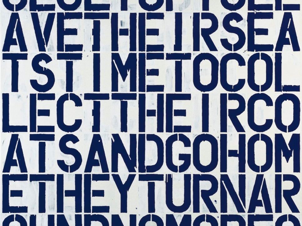 Wool blue and white text painting